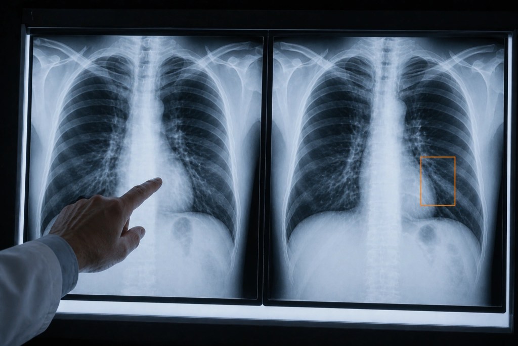 Clinician pointing to a chest X-ray on a lightbox alongside an AI-annotated version of the same scan with an orange bounding box, illustrating the difference between clinical image reading and AI labelling for machine learning.
