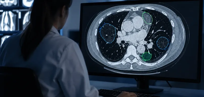 Medical professional reviewing an annotated CT chest scan with segmentation overlays on a diagnostic workstation, representing Adarga AI's expert-led medical image annotation pipeline for diagnostic AI