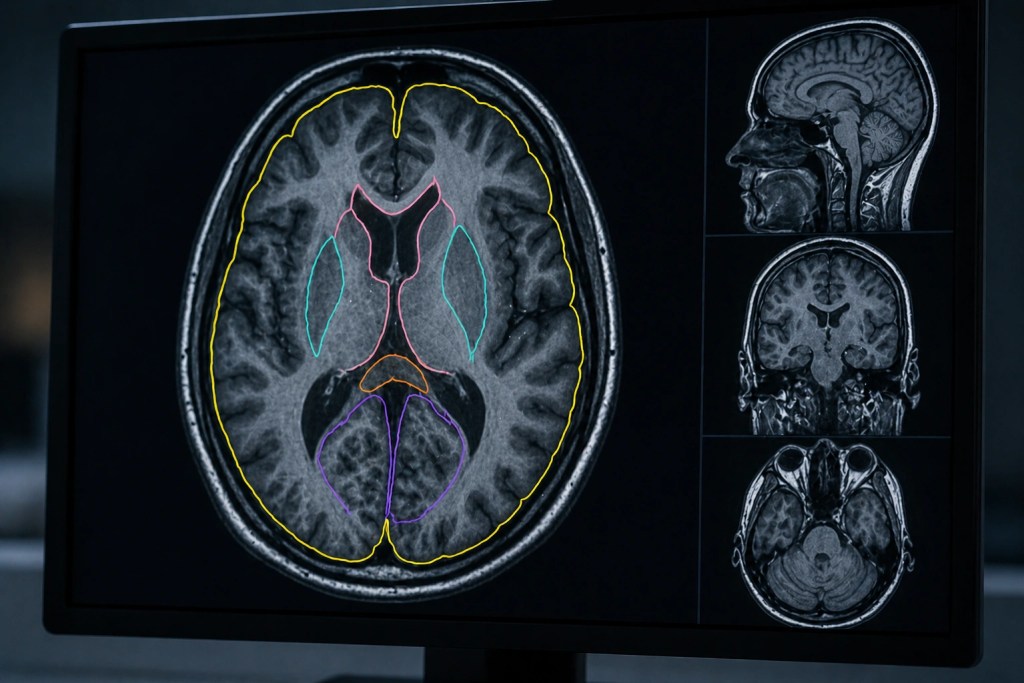 MRI brain scan on a clinical monitor showing multi-region segmentation with colour-coded boundary lines across anatomical structures, demonstrating Adarga AI's precision MRI annotation for AI model training.