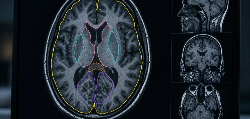MRI brain scan on a clinical monitor showing multi-region segmentation with colour-coded boundary lines across anatomical structures, demonstrating Adarga AI's precision MRI annotation for AI model training.