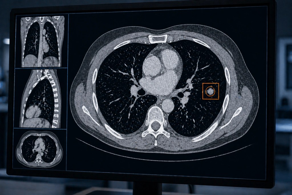 CT chest scan displayed on a diagnostic monitor with an orange bounding box and annotation marker identifying a pulmonary nodule, illustrating Adarga AI's CT lesion annotation services for diagnostic AI.
