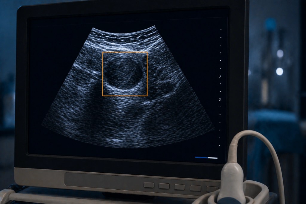 Ultrasound monitor displaying an annotated soft tissue scan with an orange bounding box highlighting a hypoechoic region of interest, used in AI-assisted medical image annotation by Adarga AI.