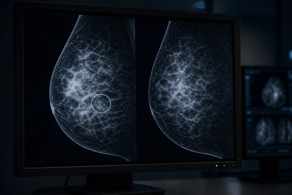 Bilateral mammogram displayed on a clinical review monitor with a teal annotation circle marking a cluster of microcalcifications, illustrating Adarga AI's expert mammography annotation for early breast cancer detection AI.