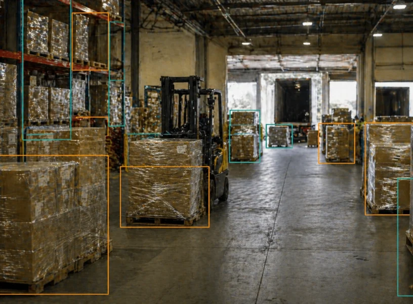 Warehouse logistics environment with pallets and goods annotated with orange and teal AI bounding boxes, representing Adarga AI's strategic AI consulting approach to improving operational efficiency and inventory management across African markets.