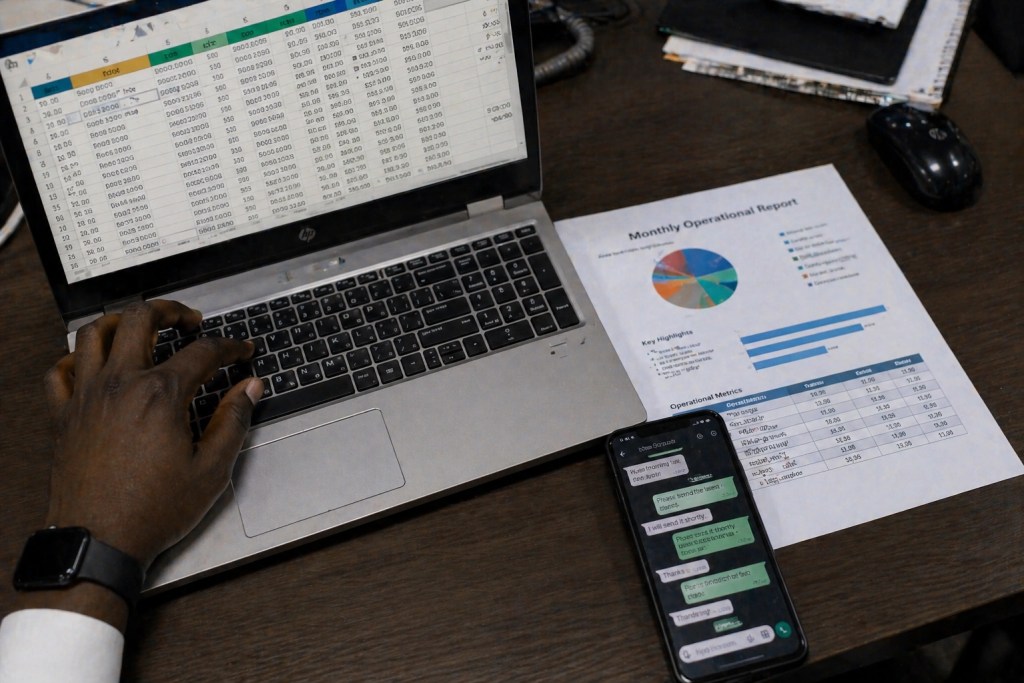 African business professional working on a laptop displaying operational spreadsheet data alongside a printed monthly report and a WhatsApp conversation on a smartphone, illustrating fragmented data management challenges addressed by Adarga AI's AI consulting services.