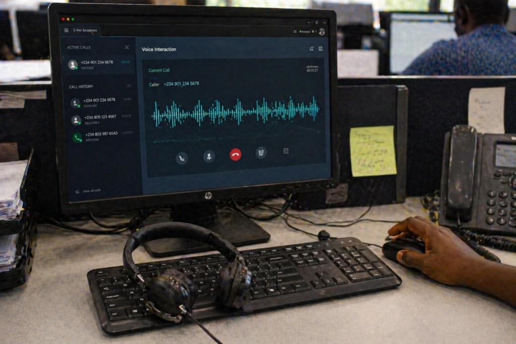 African call centre agent operating a voice AI interface on a desktop monitor showing real-time audio waveforms and active call data, illustrating Adarga AI's AdargaSpeech local language AI deployment for customer service automation.