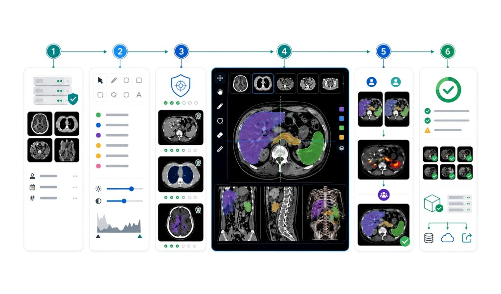 Six-step DICOM annotation workflow showing medical imaging data moving from secure ingestion and annotation setup to quality control, volumetric segmentation, clinical review, and final dataset export. The visual features CT and MRI scans, labelled organs, annotation tools, reviewer panels, validation checks, and cloud-ready output icons.