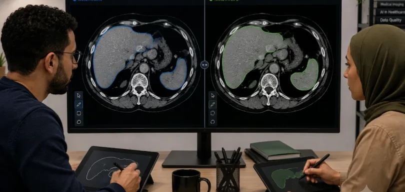 Two medical annotators review the same brain MRI scan, each outlining a suspicious region differently, illustrating disagreement in medical image annotation and inter-annotator variability.
