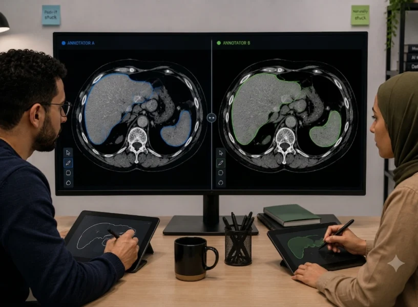Two medical annotators review the same brain MRI scan, each outlining a suspicious region differently, illustrating disagreement in medical image annotation and inter-annotator variability.
