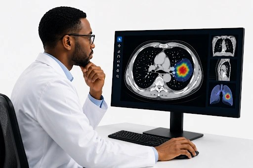 Radiologist using AI-assisted imaging software to analyse a CT scan and identify potential abnormalities.