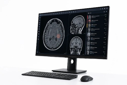 AI-assisted radiology workstation displaying medical scans used to support faster image review and clinical decision-making.